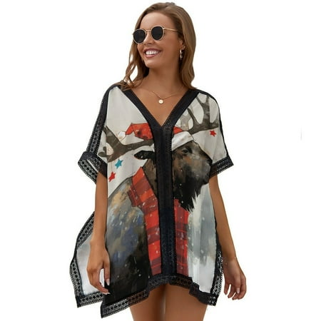 Elk Bear Tree Christmas Themed Black White Red Striped Check (1) Printed Women s Swimsuit Cover Up Summer Swimsuit Dress