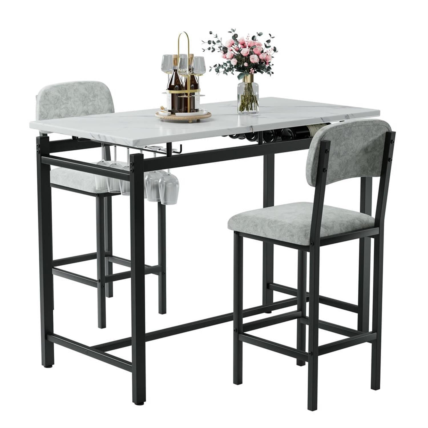 Demi Bonn 3-Piece Dining Table Set with 2 Upholstered Chairs, Rustic Kitchen Bar Table Furniture Sets for Dining Room, Apartment, Black