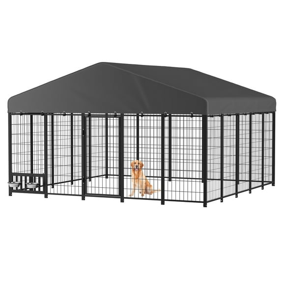 YODOLLA 10x10FT Outdoor Large Dog Kennel with Waterproof Cover, Heavy-Duty Steel Pet Enclosure with Secure Lock & Feeding Bowl, Spacious Dog Run for Backyard
