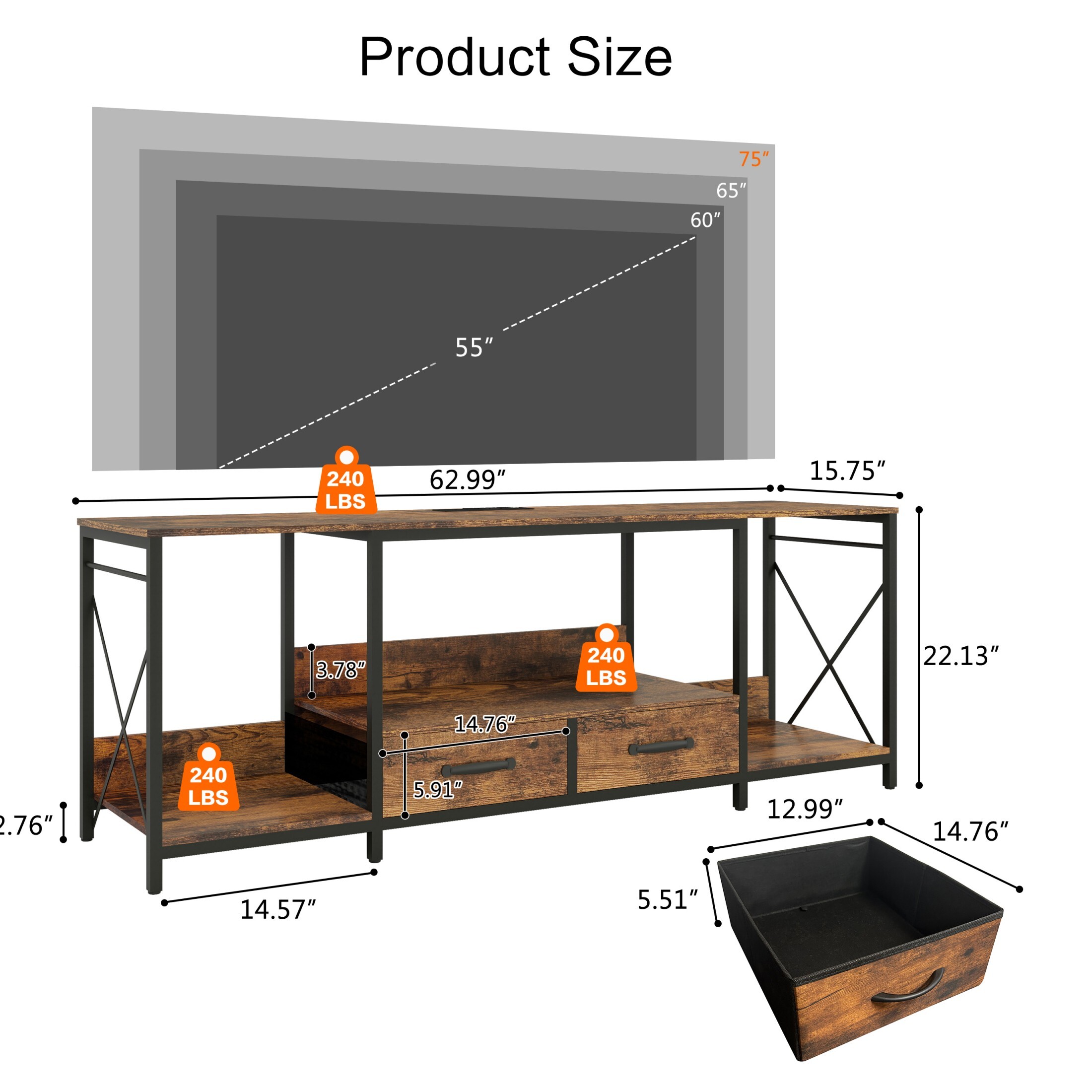 DEALTOPS 7-Color LED Lights TV Stand with Charging Stations and Fabric Drawers for TVs Up to 75'', Rustic Walnut