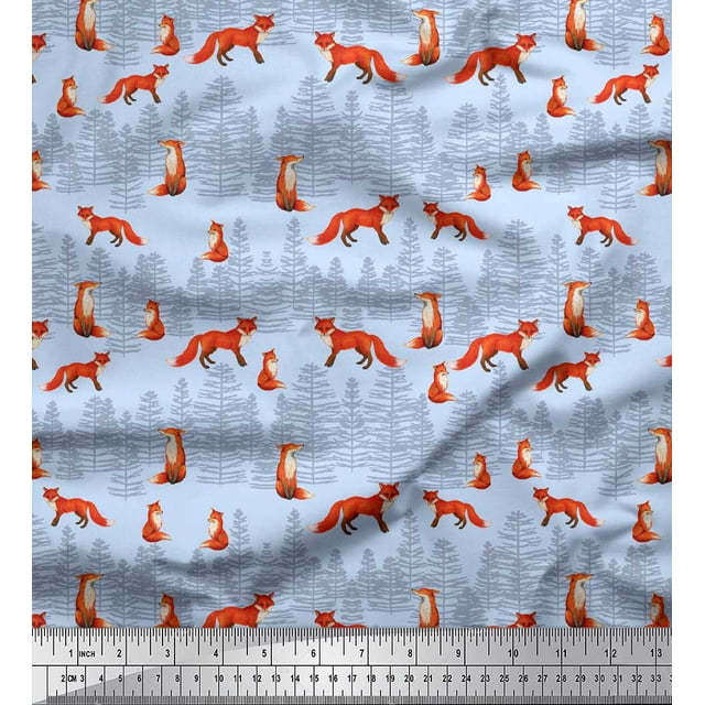 Soimoi Blue polyester Crepe Fabric Cedar Tree & Fox Animal Printed Fabric 1 Yard 42 Inch Wide