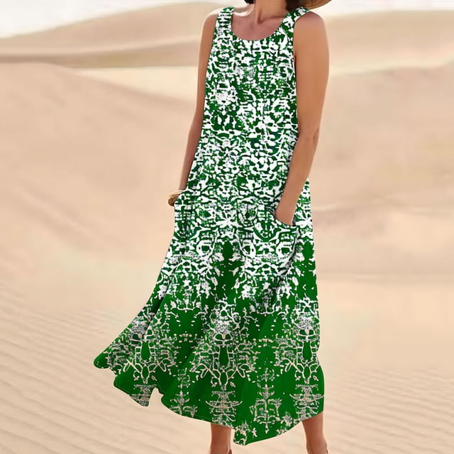 LOVZFMLL Robes Sans Manches pour Femmes et Col Rond en Lin Imprimé Longue Robe avec Poche