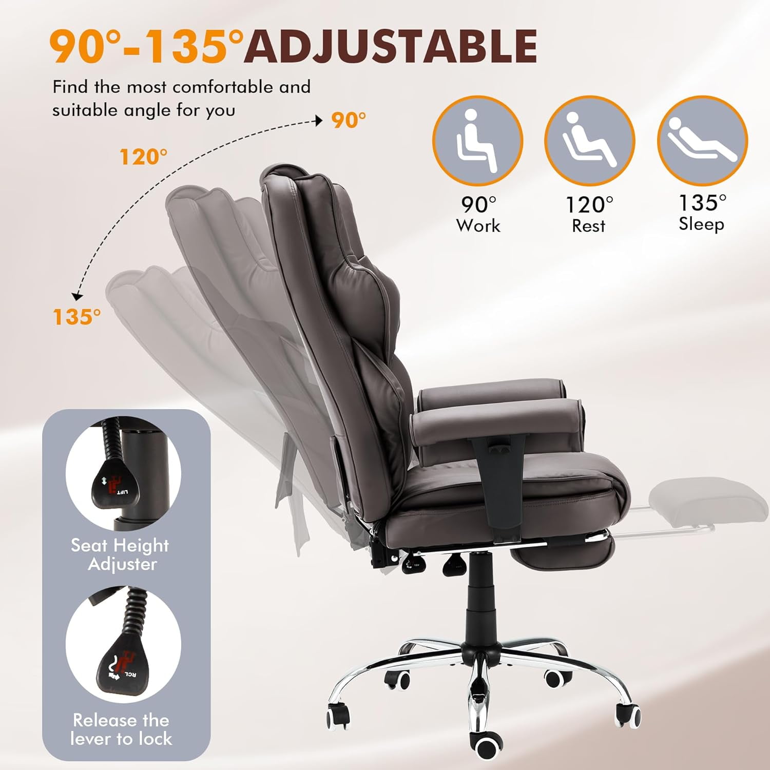 Homrest 6-Point Massage Executive Office Chair for Adults, Heated Ergonomic Home Desk Chair with Adjustable Footrest, Armrests & Backrest (Brown)