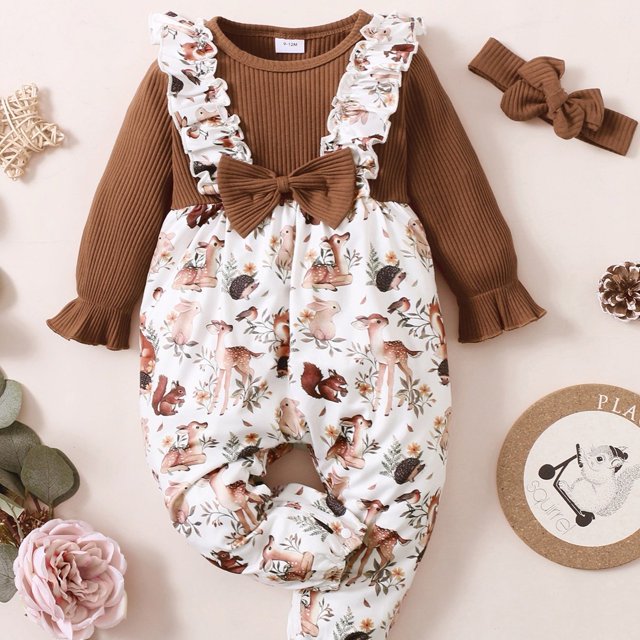 Baby Girls Romper Long Sleeve Cute Animal Print Jumpsuit & Headband