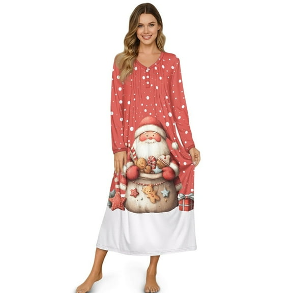 Tutolipy Christmas Nightgowns Santa Claus Printed Sleepwear Full Length Loungewear Long Sleeve Night Dress for Fall Winter, S