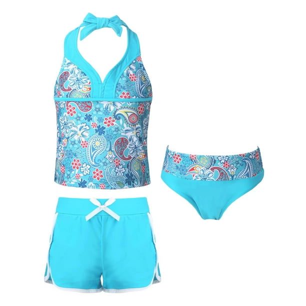 iiniim Kids Girls 3 Pcs Swimsuit Floral Halter Swim Top+Triangle Brief