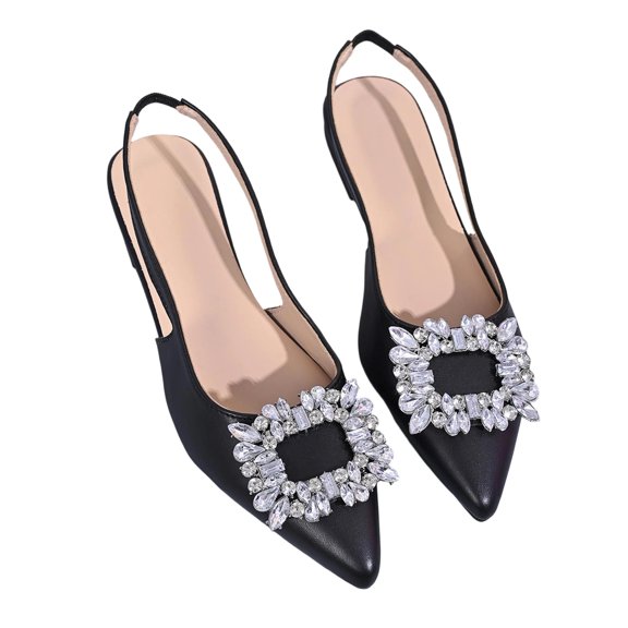 Gpaecead Women Rhinestone Pointed Toe Flat Slingback Sandals Elastic Strap Soft Sole Shoes Spring Summer Office Casual,Black