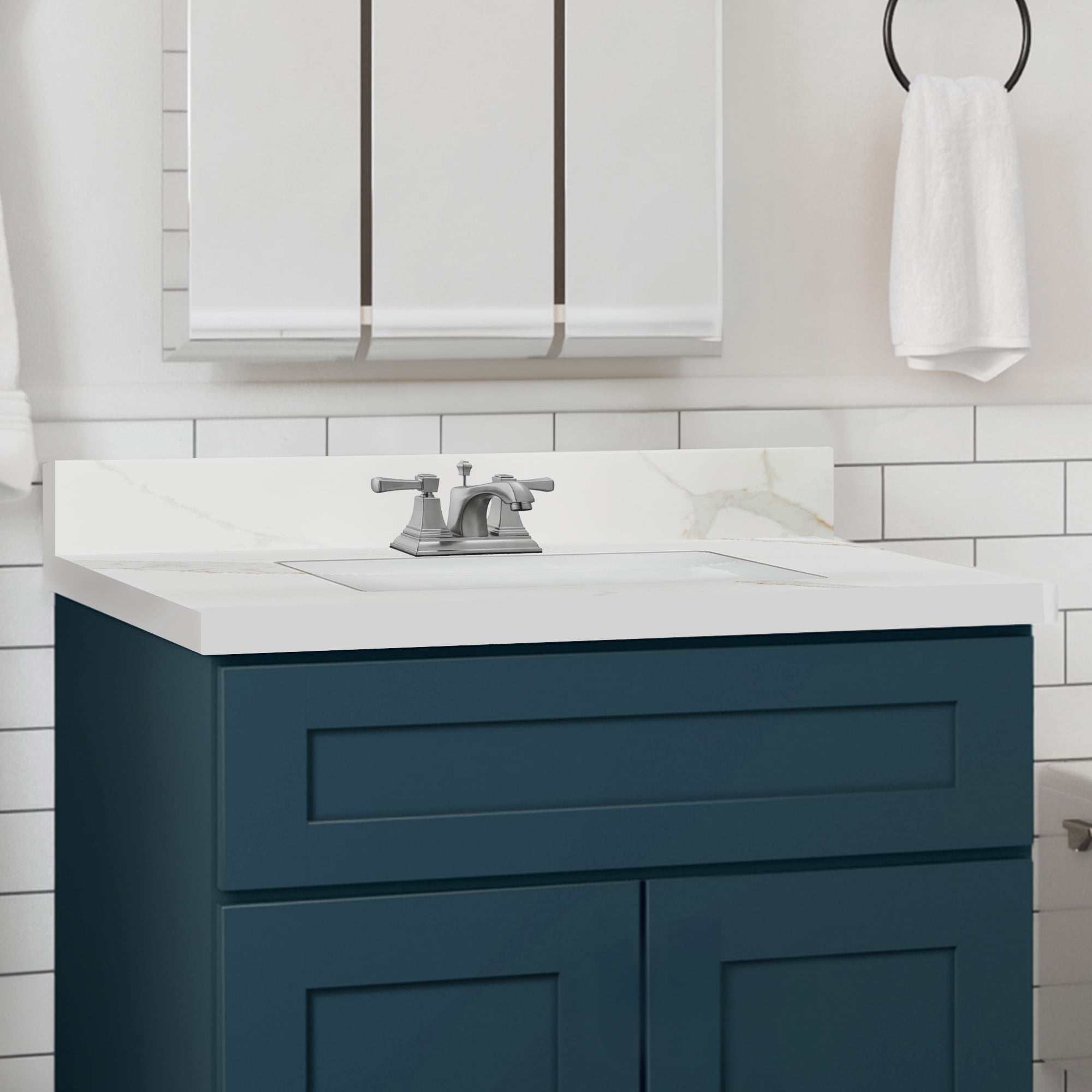 Design House Calesco Calacatta Quartz Bathroom Vanity Top with Sink and Backsplash with 4" Centerset, White/Taupe/Gray