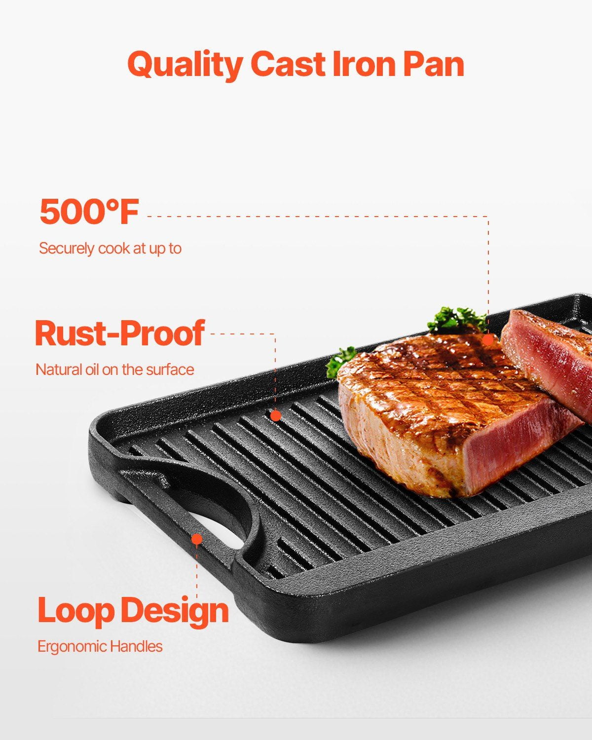 14x8.5 Inch Reversible Grill Griddle Cast Iron Pre-Seasoned BBQ Pan with Flat and Ridged Sides, Dual Handles, Non-Stick Surface, Oven Safe up to 500°F for Stovetop, Indoor and Outdoor Cooking