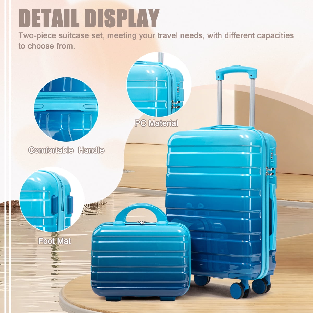 14"/20" 2 pcs/set Carry on Luggage with Spinner Wheels, Hardshell Suitcases with Gradient Color and Combination Lock, Checked Luggage for Travel Men and Women