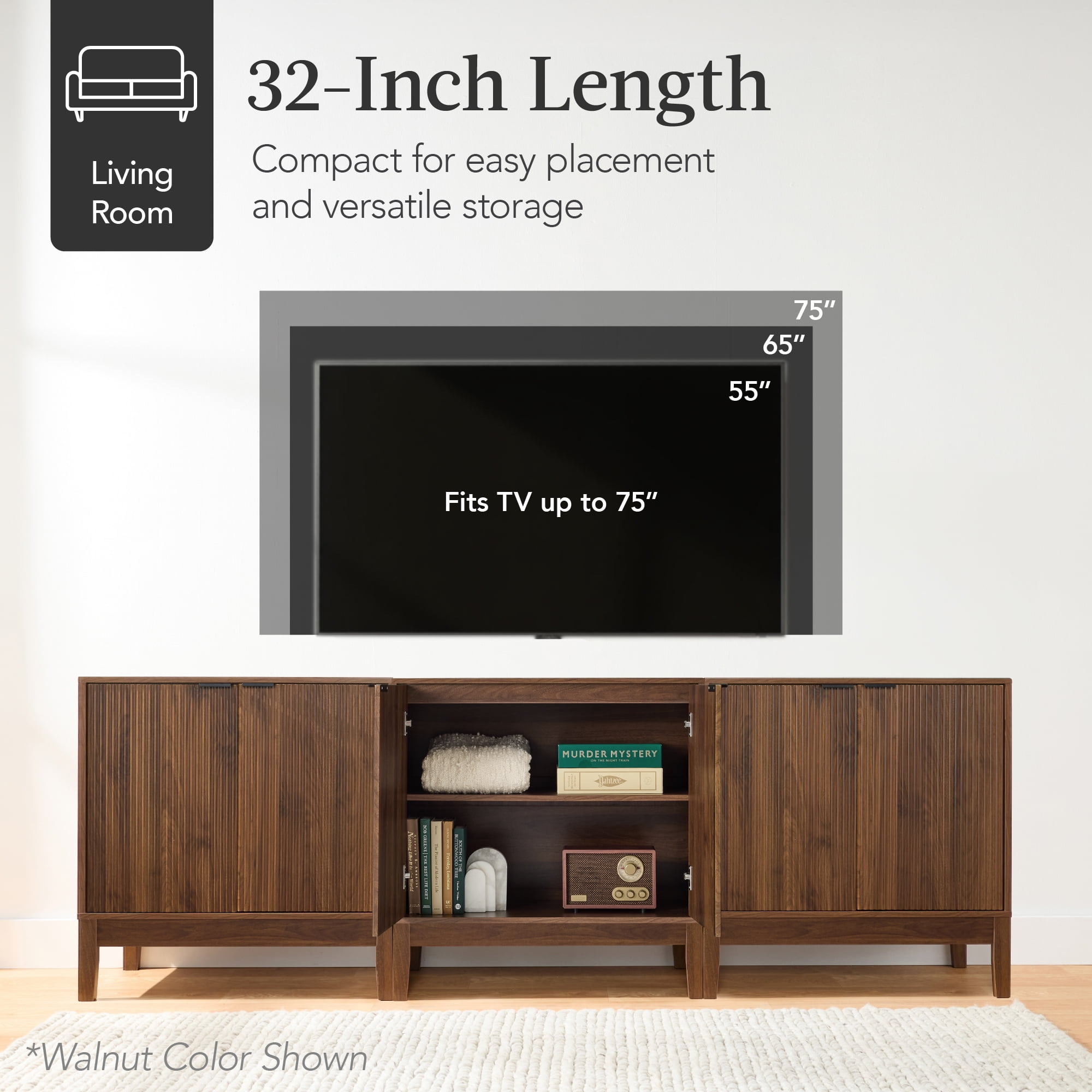 Best Choice Products 2-Door Reeded Storage Cabinet w/ Soft-Close Doors, Multipurpose Accent Furniture - Black