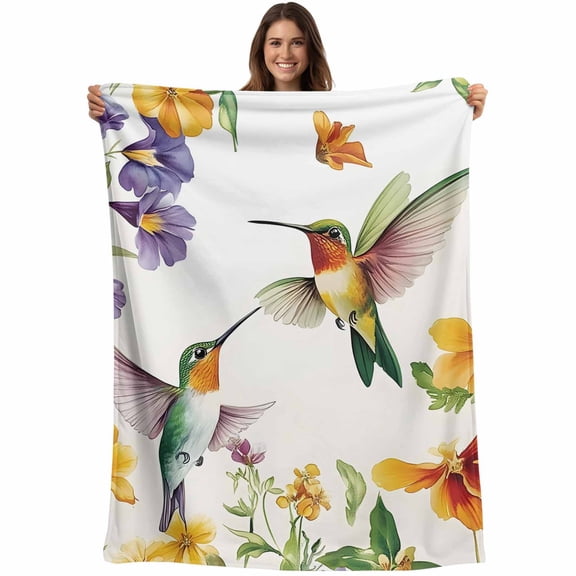 Flannel Fleece Throw Blanket Spring Flower Bird Hummingbird Lightweight Soft Plush Blankets,Watercolor Floral on White Cozy Warm Throw Blanket for Couch Sofa Bed Car Office All Season Use 40x50in