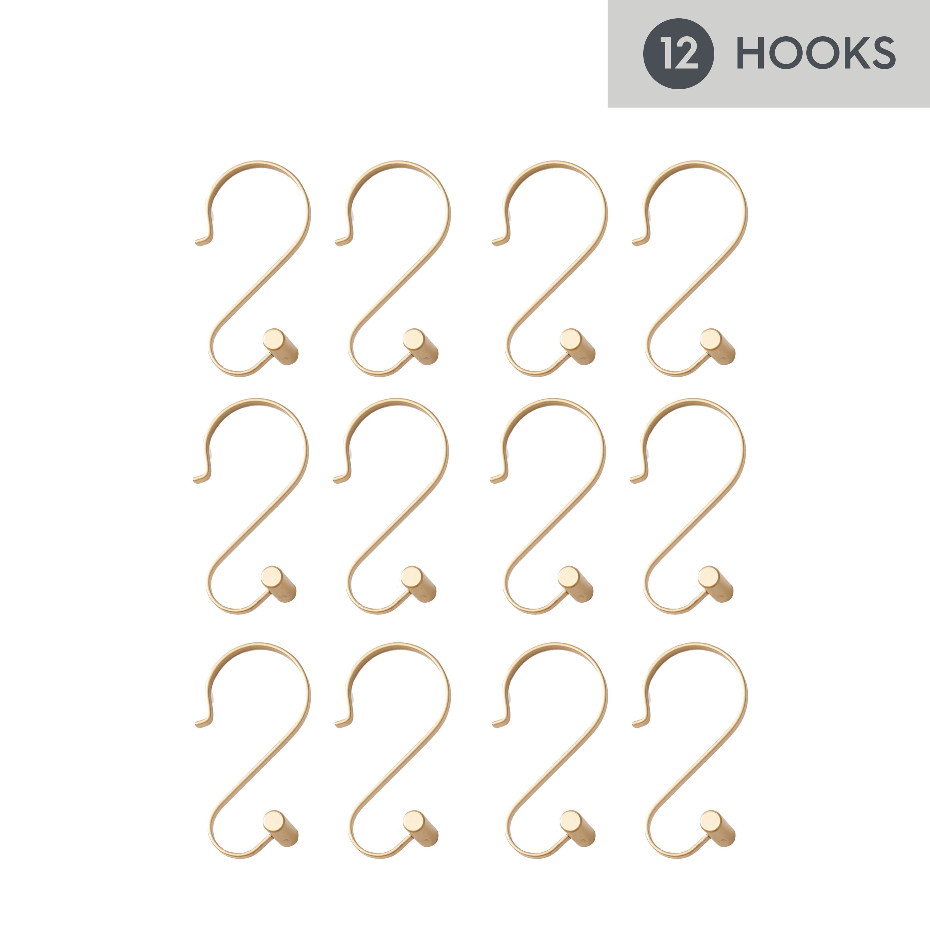 (3 pack) Better Homes & Gardens S-Shape Rustproof Stainless Steel Shower Hooks with T-Bar Ends, Brass, 12