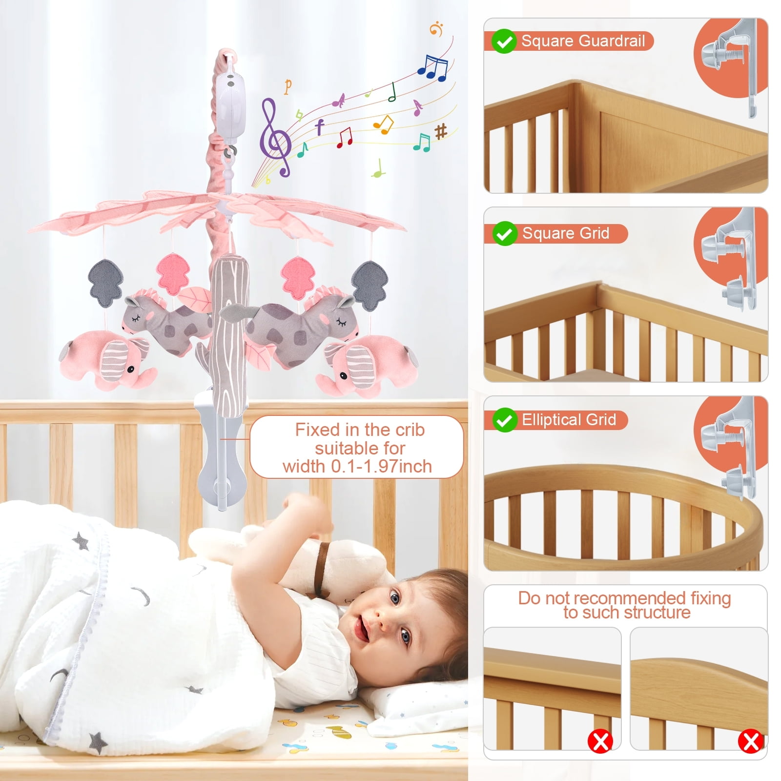 Blublu Park Baby Crib Musical Mobile, Woodland Rotating Toys 3 Modes 12 Lullabies Nursery Decor, Pink