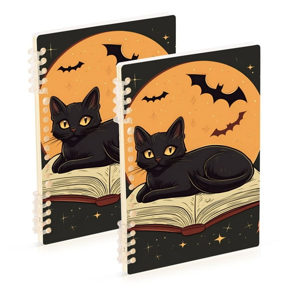 FORMRS 1-Subject Spiral Notebook 8" x 5" College Ruled 60 Refillable Sheet, 2 Pack, Orange Halloween Cat