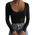 thumbnail image 2 of HAiming Womens Cropped Shirt Slim Fitted Long Sleeve Ribbed Solid Color Tops Going out Basic Tee Trendy Clothes Black, 2 of 6