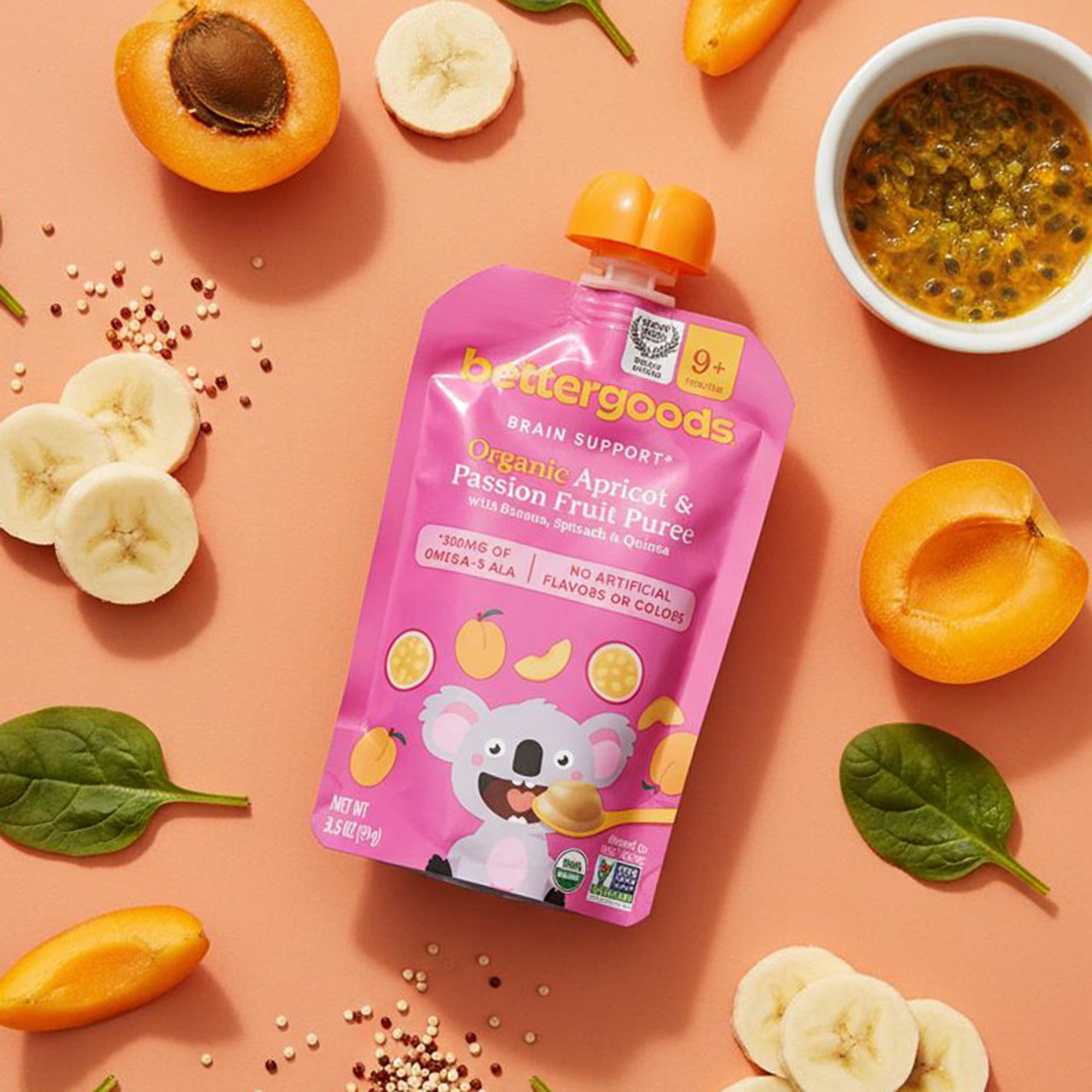 (12 pack) bettergoods Organic Stage 3 Baby Food Brain Support Blend, Apricot and Passion Fruit Puree, 3.5 oz Pouch