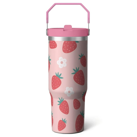1pc strawberry 30oz Tumbler with Straw & Handle - Insulated Stainless Steel Cup | Holiday Gift for Man Women (Christmas, Valentine's, Birthday)