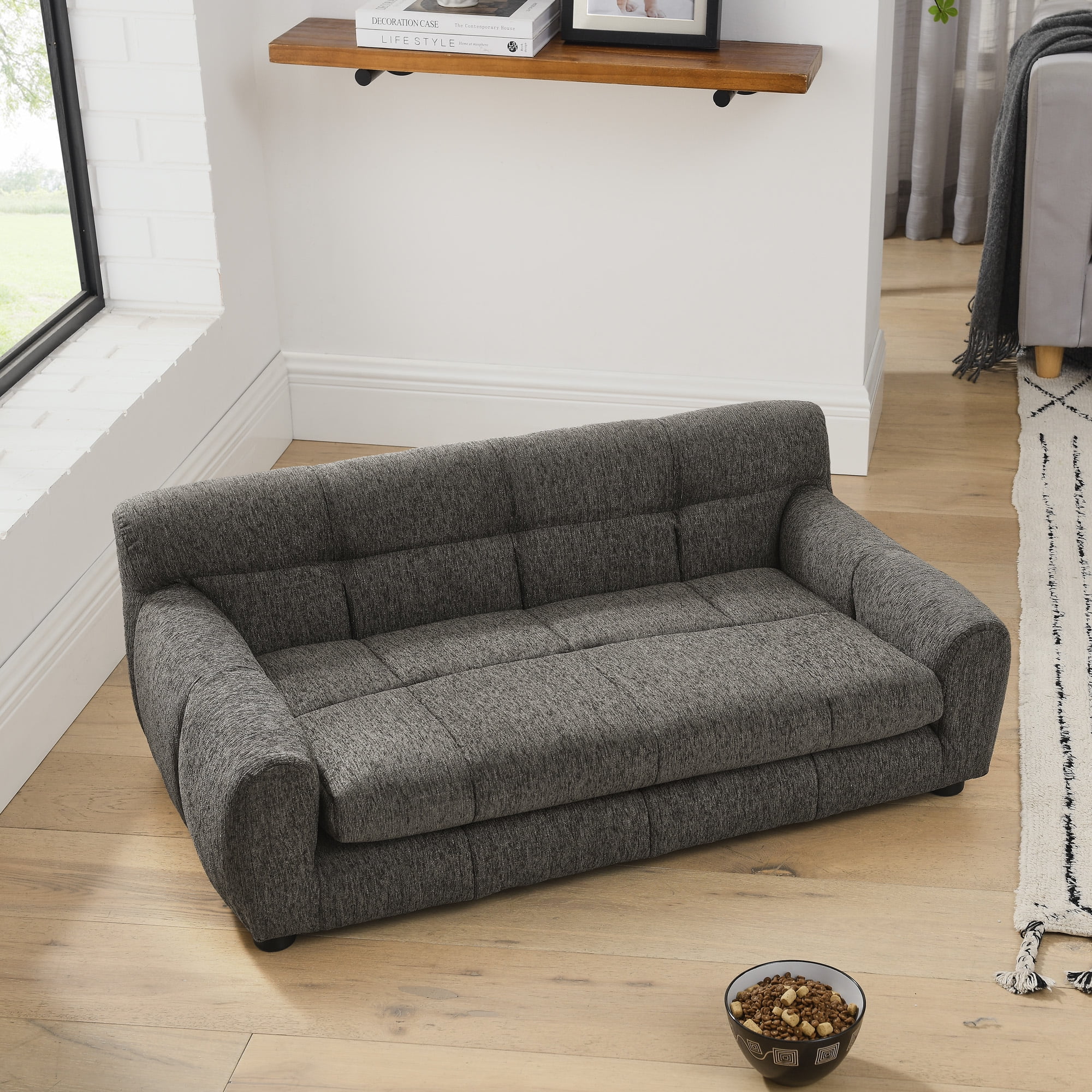 Dark Gray Linen Dog Sofa with Backrest - 38.00 in Length Pet Furniture for Medium and Large Dogs, Modern Rectangular Design with Armrests