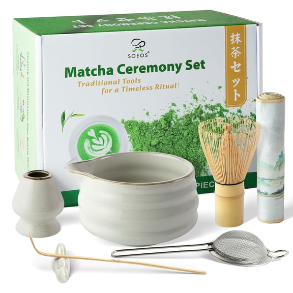 Soeos 7-Piece Premium Matcha Traditional Starter Set, Bamboo Whisk, Scoop, Stainless Steel Sifter & Accessories