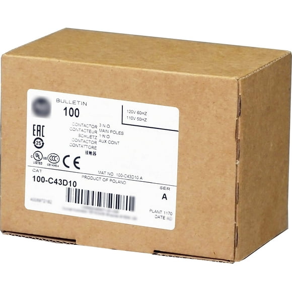 100-C43D10 100-C IEC Contactor, 43A, 110/120 VAC 50/60 Hz Coil, 1 N.O. 0 N.C., Screw Terminals
