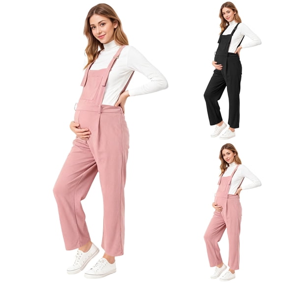 Lispipm Women's Maternity Jumpsuits Pants Chest Pocket Adjustable Strap Overalls Spring Casual Straight Legs Corduroy Trousers Black L