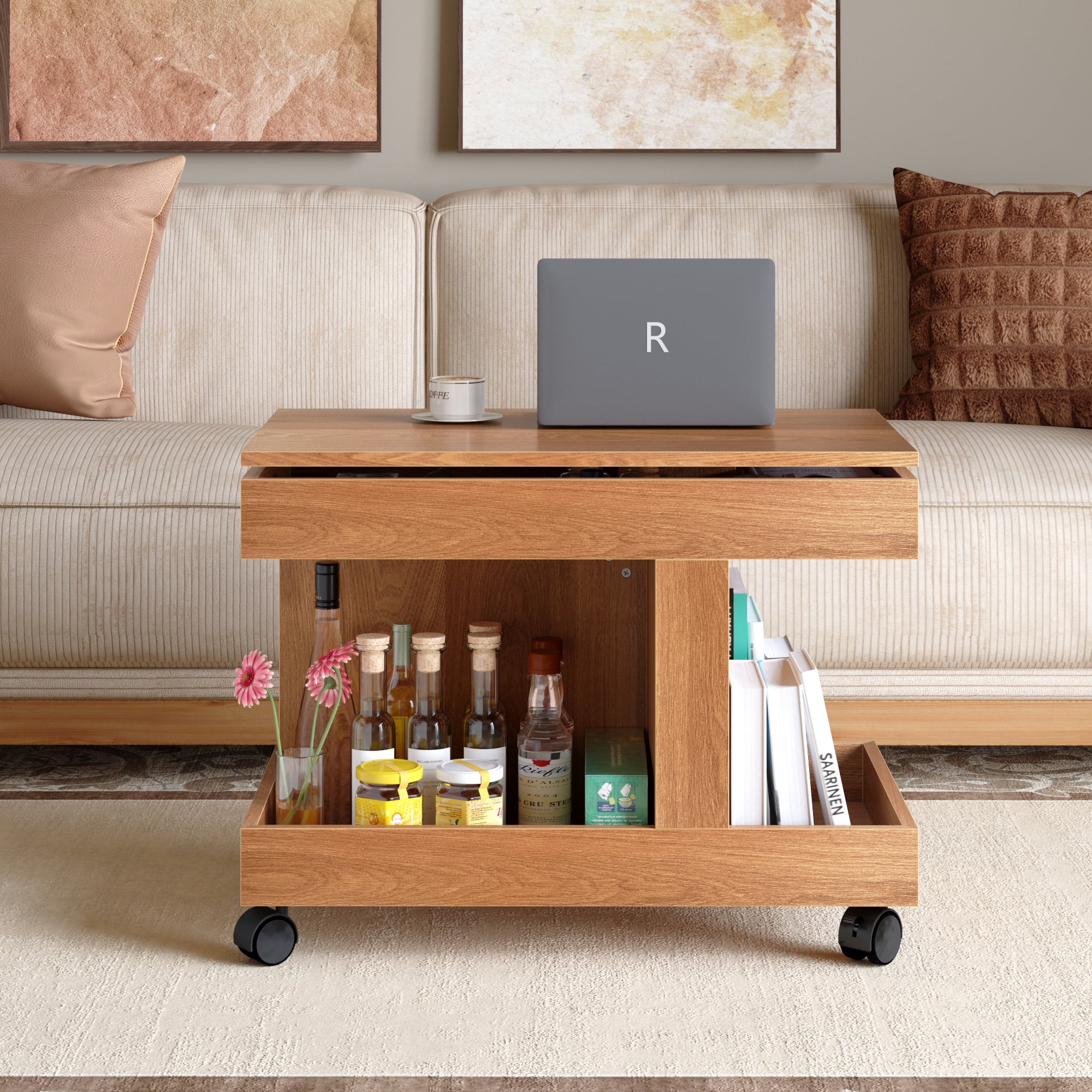 Small Coffee Table with Wheels, 360° Rotating Desktop Multi-Functional Side Table, Rolling End Table with Storage Compartment, Mobile Bedside Table for Living Room Bedroom Home Furniture, Natural
