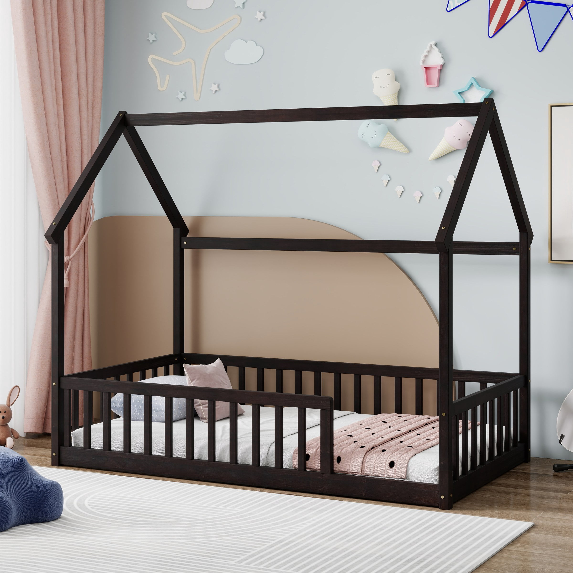 Twin Size House Floor Bed with Roof Frame, Pine Wood Floor Bed with Safety Guardrails, Espresso