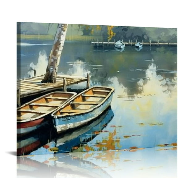 Shiartex Lake Boat Canvas Wall Art: Modern Nature Landscape Painting Print Abstract Sunset Forest Scene Picture Artwork for Bedroom Living Room Office Decor 20x16in