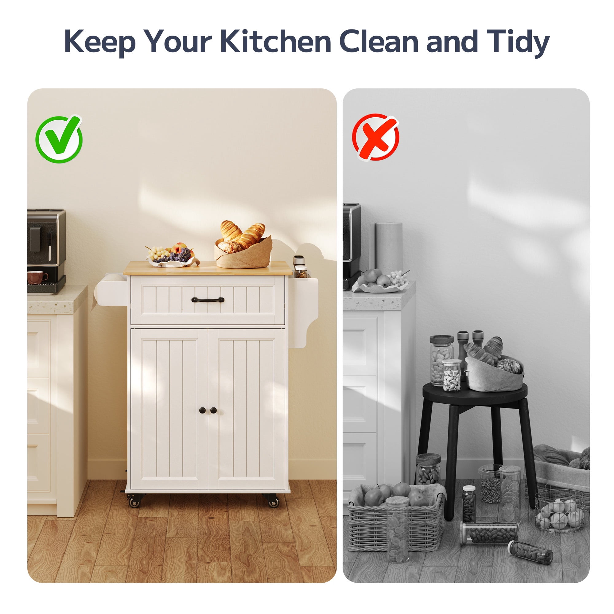 Asofer 33.6" Kitchen Island Cart with Storage, Adjustable Shelf & Drawer, for Dining Room, White
