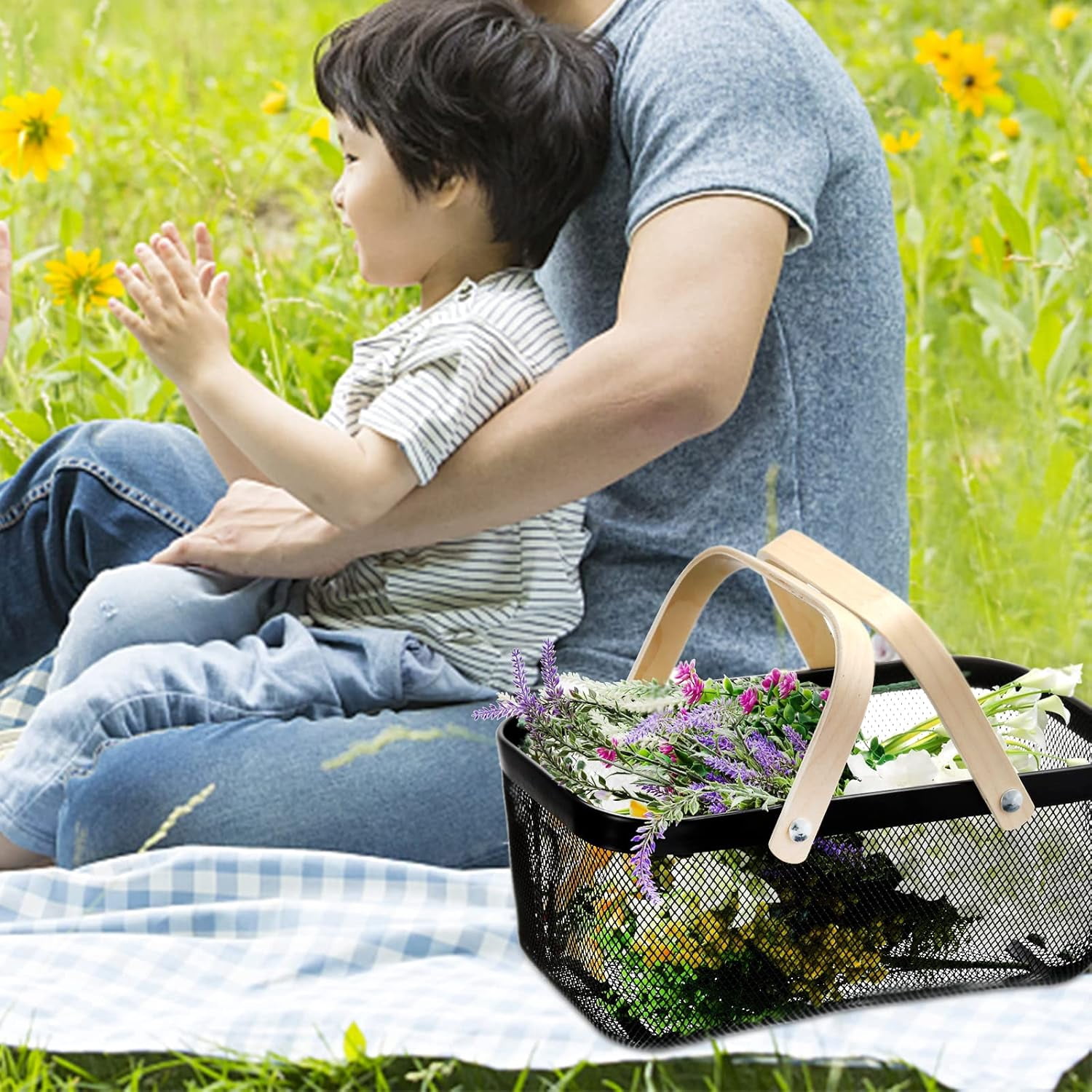 Black Mesh Storage Basket with Wooden Handle,Multi-Functional Picking Baskets,Garden Harvest Basket,Kitchen Metal Mesh Gathering Basket, for Vegetables Fruit Egg