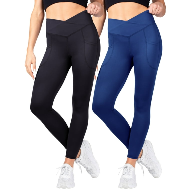 INERZIA 2 Pack Womens Crossover Leggings High Waisted Tummy Control Criss  Cross V Waist Yoga Pants Black and Navy Large