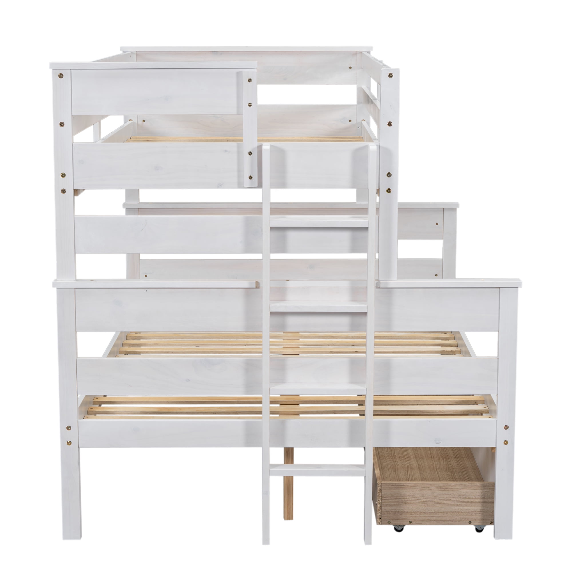 Euroco Wood Twin over Full Size Bunk Bed with Two Drawers, 2-in-1 Beds for Kids Teens Bedroom, Divided Bunk Bed Frame, White