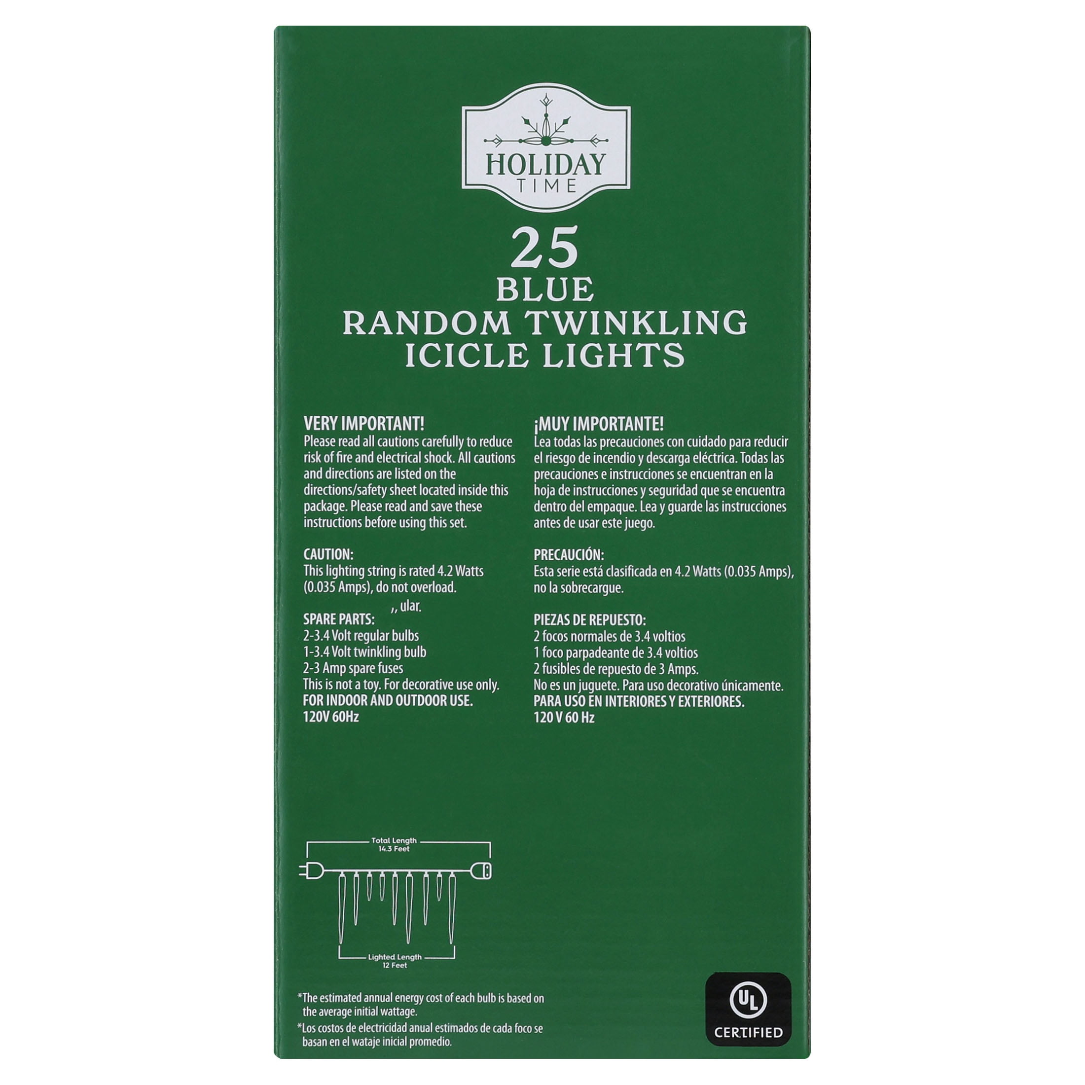 Indoor/Outdoor 25-Count LED Random Twinkling Christmas Icicle Lights, Blue, White Wire, 12', by Holiday Time