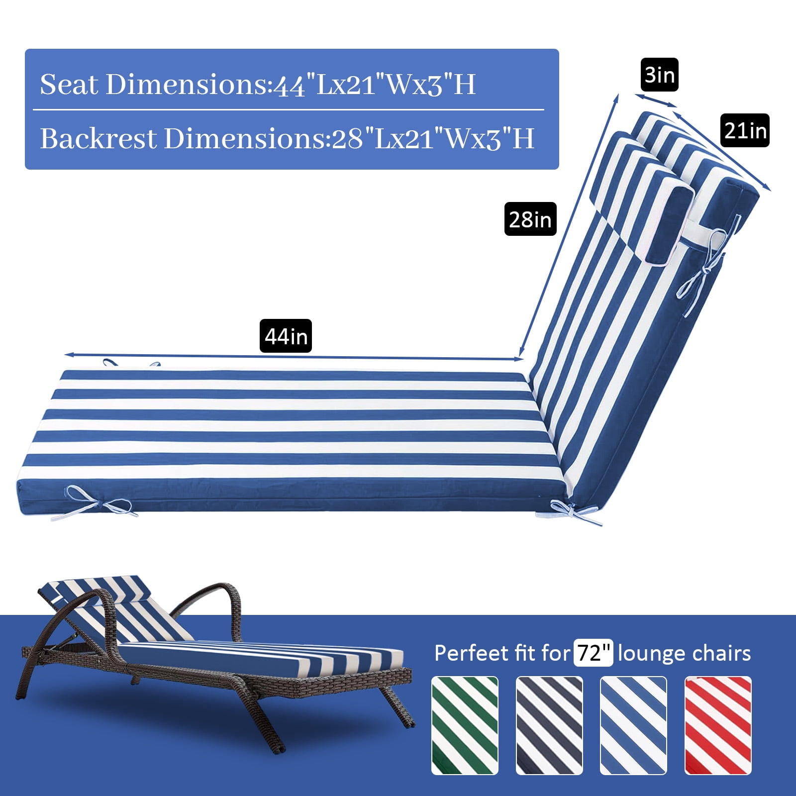 Outdoor Chaise Lounge Cushion, High-Density Foam Fill Patio Furniture Bench Cushions with Ties, Thicken Waterproof Replacement Back Chaise Cushions for Pool, Sand Beach (Blue White Stripes)