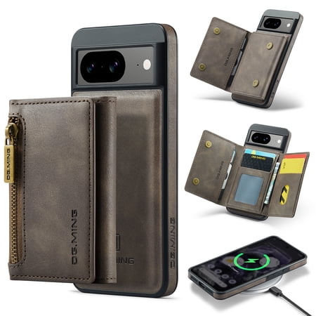 Dteck Retro Wallet Case for Google Pixel 9 Pro XL Zipper Pocket Wallet Card Holder Faux Leather Magnetic Detachable with Drop Protection Phone Case Kickstand Wireless Charging Compatible Coffee