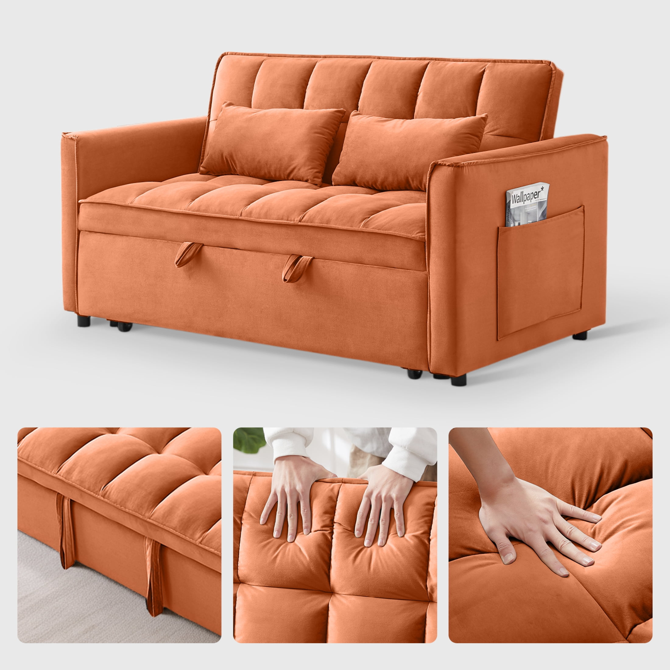 AISWORD 3 in 1 Convertible Sleeper Sofa Bed for Living Room, 55" Velvet Pull Out Couch, Space-Saving Loveseat with Adjustable Back, Side Pocket and 2 Pillows, Orange