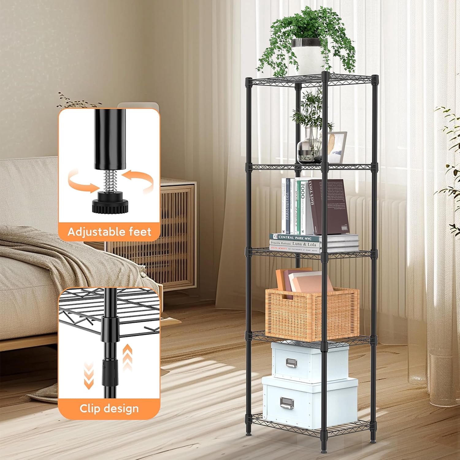 M MZG 5-Shelf Shelving Unit - Heavy Duty Storage Shelving, Metal Wire Shelving, Storage Organizer Standing Rack for Kitchen, Office and Garage (Black, 5 Tier, 11.8" D × 17.7" W × 55" H)
