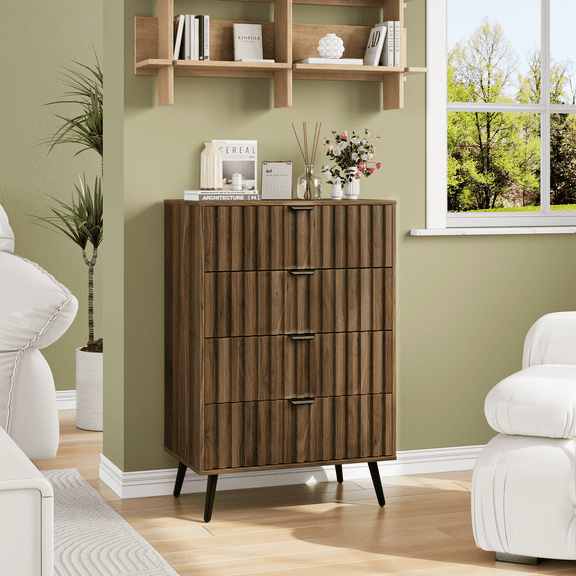 Smart FENDEE Bedroom Dresser with 4 Drawers Wooden Closet Storage Organizer for Bedroom,Walnut,Adult