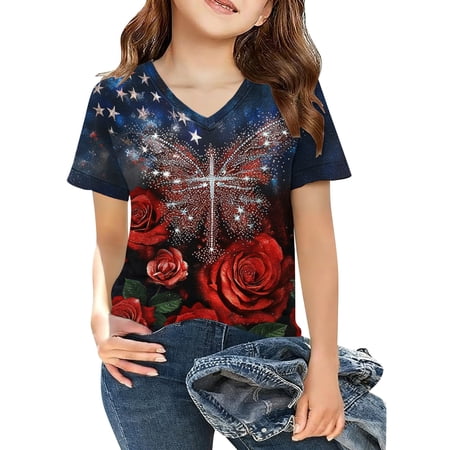 Rhuody Spring Tops For Girls Crewneck Blouse Patriotic Graphic Short Sleeve T Shirt For Kids Fourth Of July Cartoon Print Tee Classic Wear Navy 7-8 Years