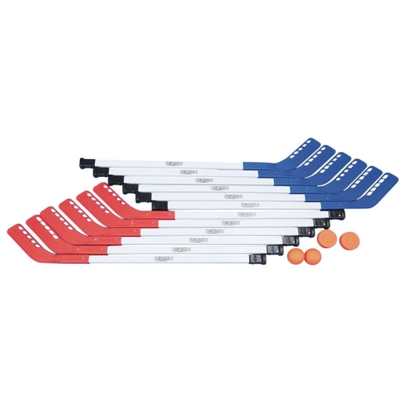 S&S Worldwide Spectrum Elementary Floor Hockey Set. Includes 12 - 36" Long Sticks with PVC Shafts and Straight Blades (6 Red and 6 Blue Blades), 2 Floor Hockey Balls and 2 Floor Hockey Pucks.