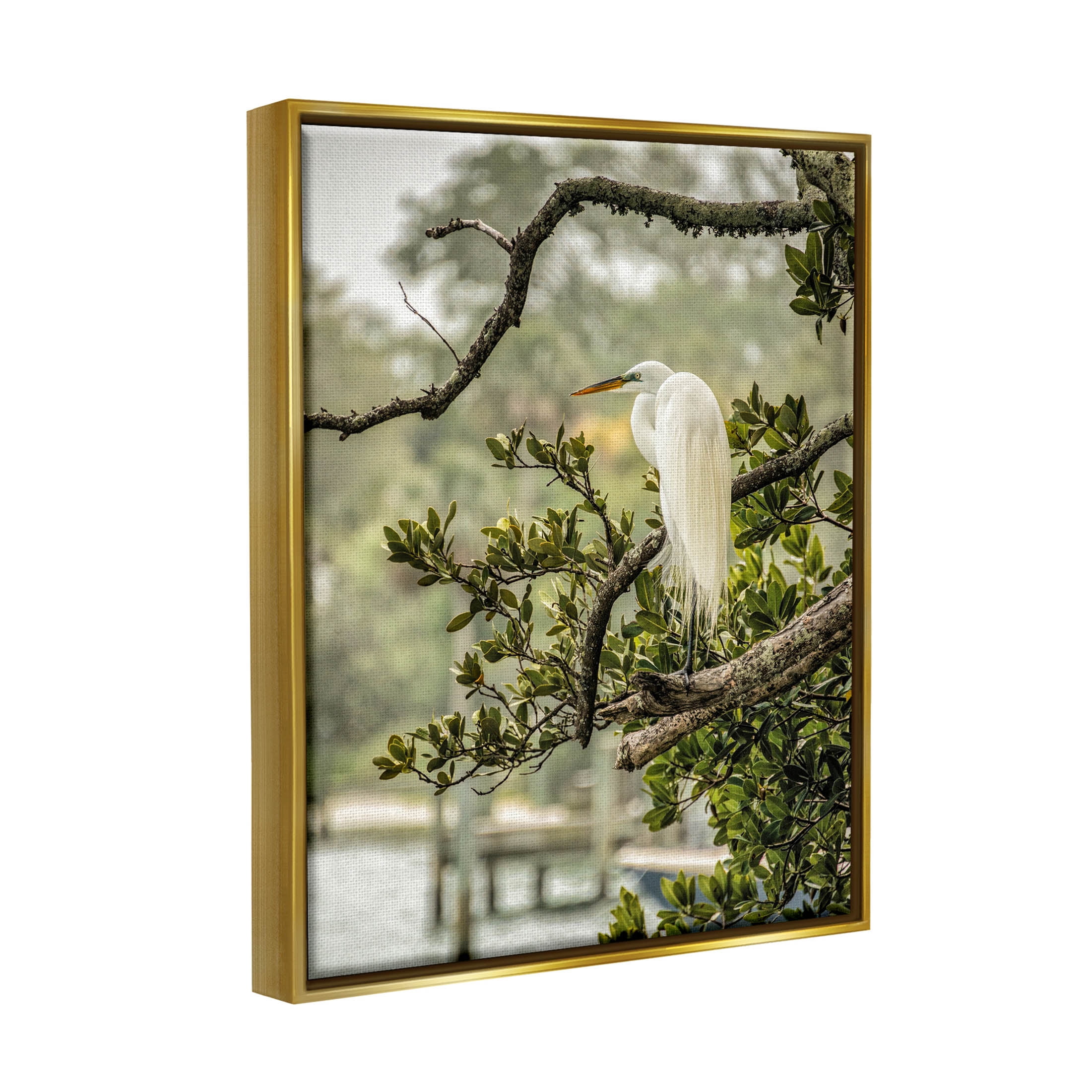Stupell Industries Elegant Bird Perched Lakeside Tree Photograph Metallic Gold Floating Framed Canvas Print Wall Art, Design by Mary Lou Photography