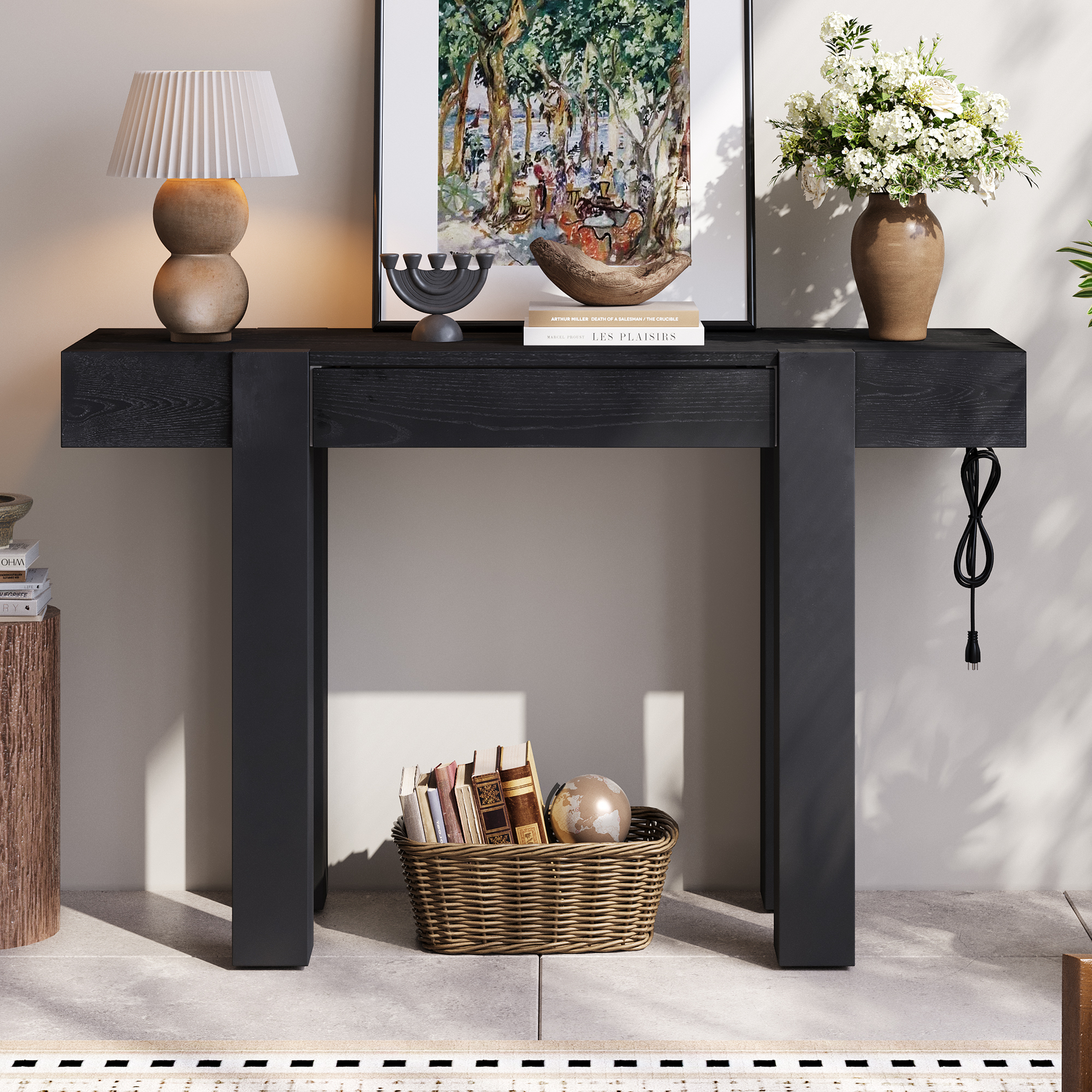 Euroco 47" Rustic Minimalist Console Table with Hidden Drawer & Side Power Outlet, Accent Entryway Table Sofa Table for Hallway Foyer Living Room,Black