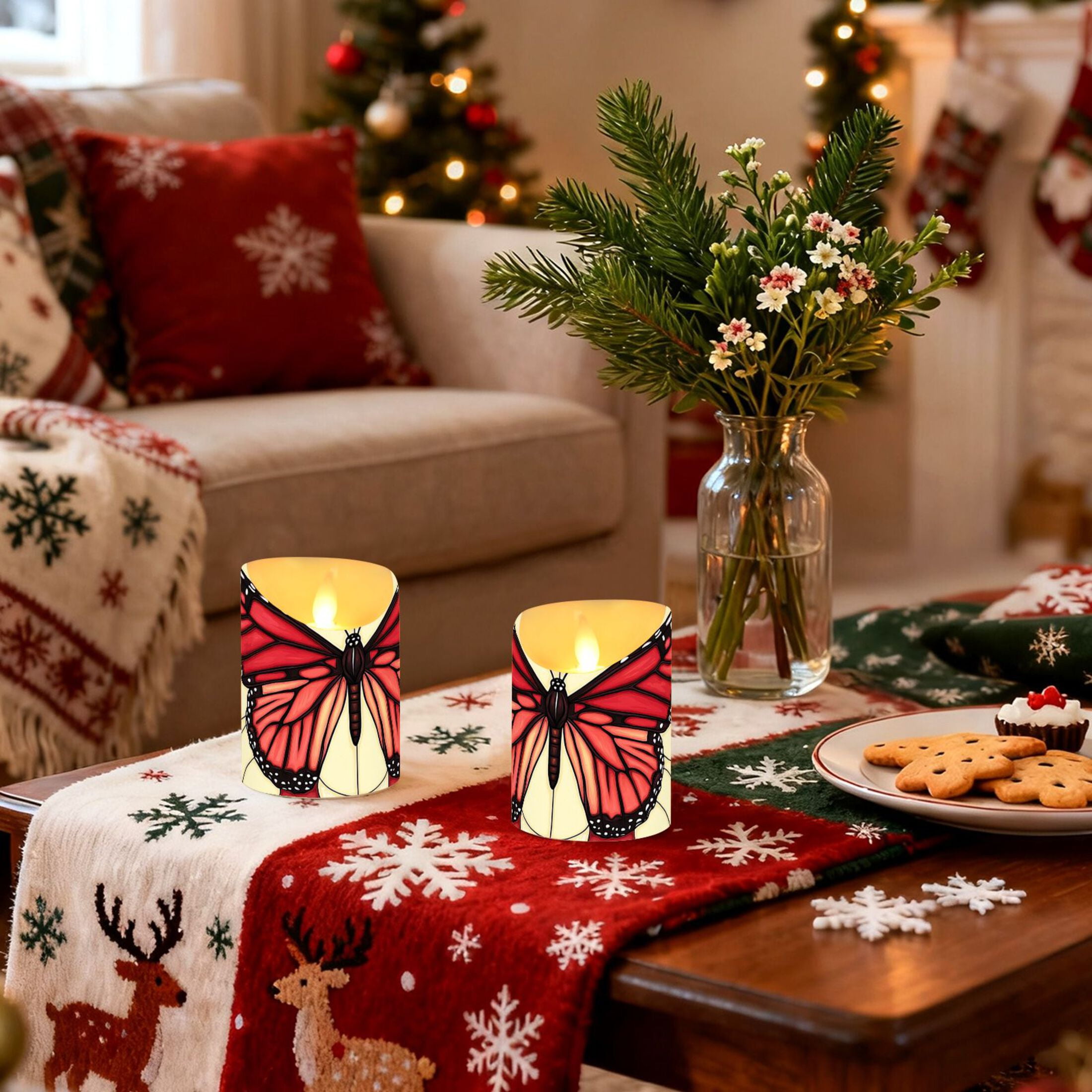Stained Glass Butterfly Pattern Flameless Candles 2 PCS with Remote Realistic Moving Flame LED Tapered Pillar Set for Home Decor