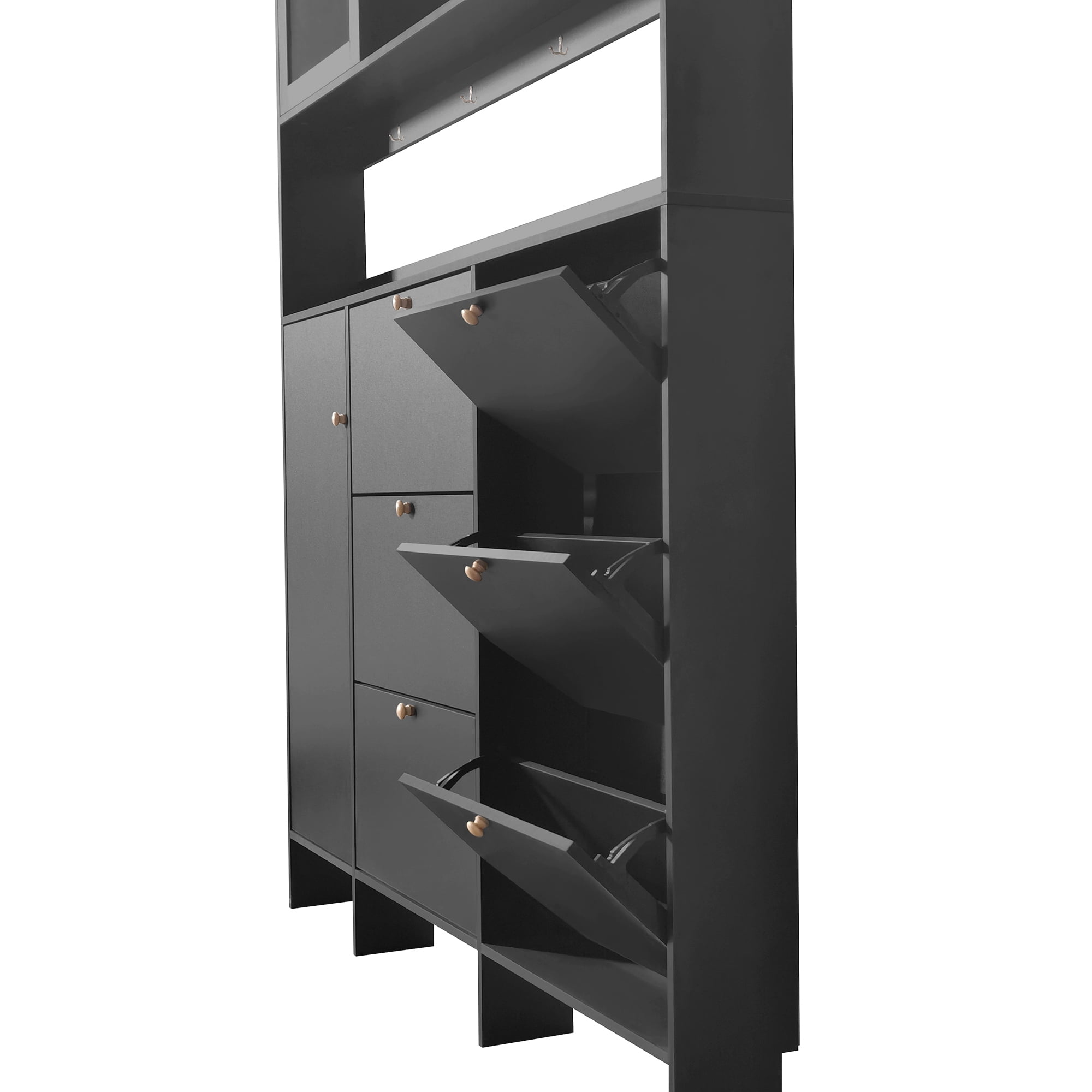 MAYEERTY Multifunctional Tipping Bucket Shoe Cabinet with Storage Shelf & 6 Flip Drawers, Large Hall Tree with Tempered Glass Doors, Foyer Cabinet