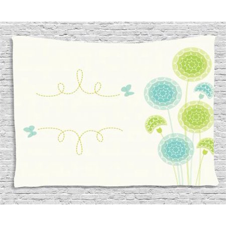 Butterfly Tapestry Wall Hanging - Dandelion Tapestry, Hand Drawn Bedding Plants with Butterflies Swirl Lines and Circles, Wall Hanging for Bedroom Living Room Dorm Decor, 60W X 40L Inches, Sky Blue Pale Green Cream, by Ambesonne