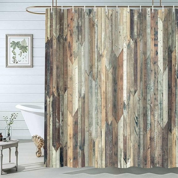 Rustic Wood Plank Shower Curtain for Bathroom, Old Wooden Board Barn Wood Country Farmhouse Bath Curtain, Waterproof Fabric Bathroom Accessories Set with Hooks, 72 x 72 inch