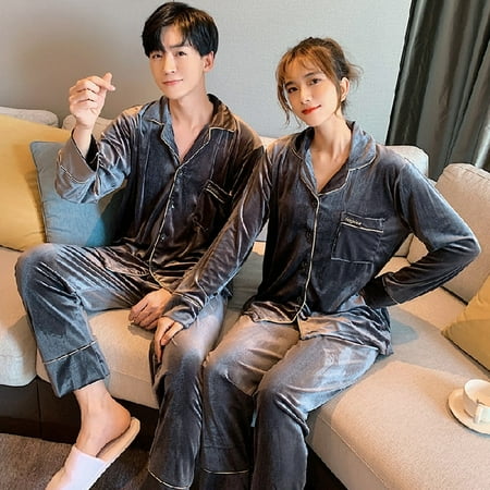 

PIKADINGNIS Autumn Winter Flannel Mens Pajamas Set Solid Color Warm Golden Velvet Sleepwear Couple Pajama Sets Sleep&Lounge Home Clothes