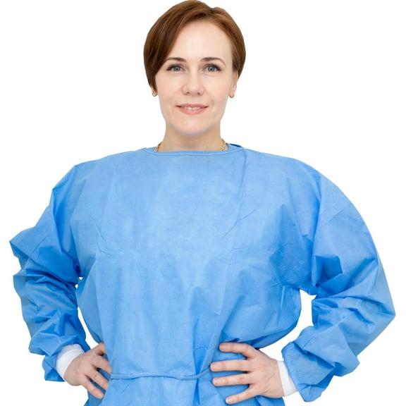 10 PC Level 2 Disposable Isolation Gowns - SMS 35g, Knitted Cuffs, Fully Closed Double Tie Neck and Waist, Universal Fit, Latex-Free, Blue