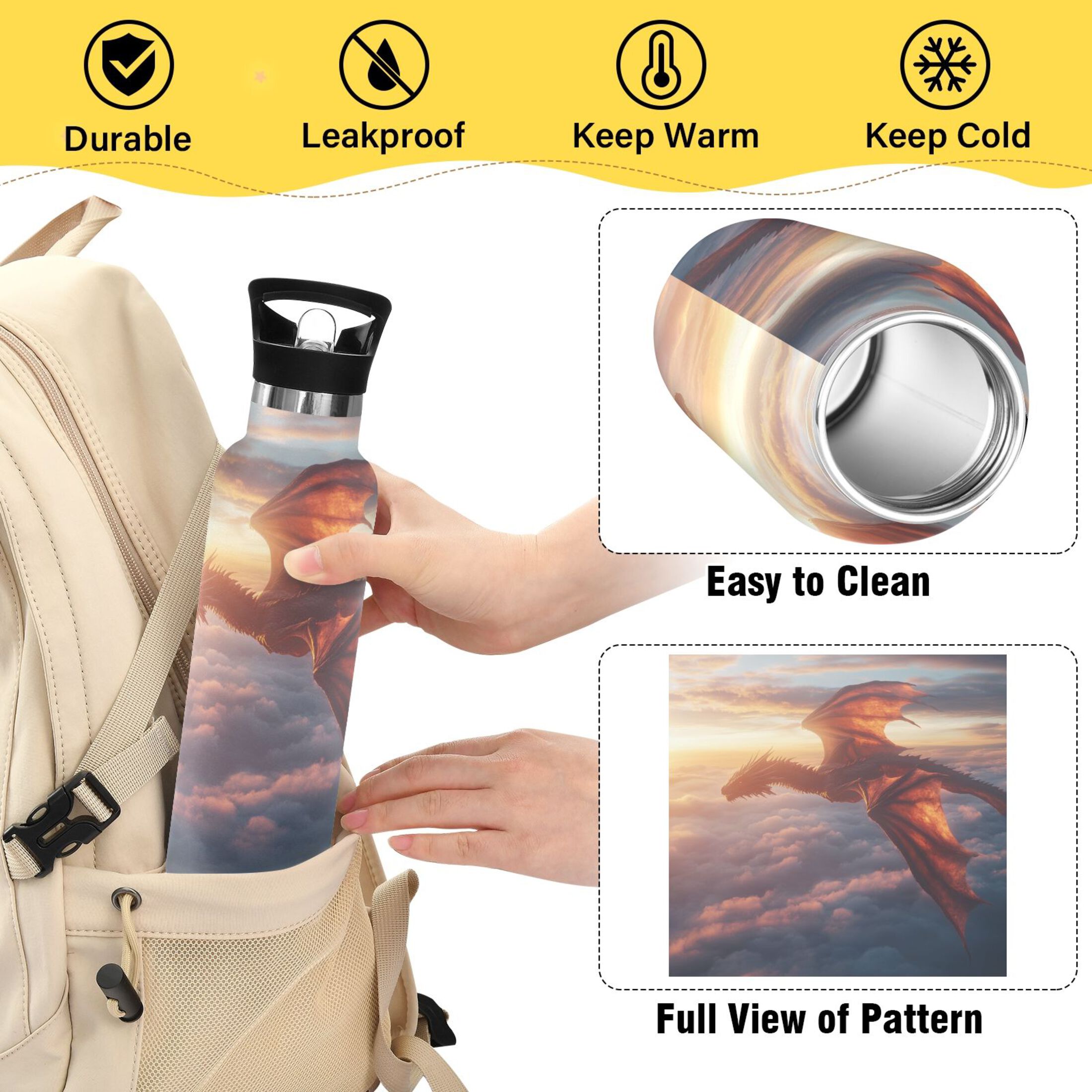 600ML Stainless Steel Insulated Cup Sports Water Bottle Portable Thermos Cup Water Glasses Insulated Tumblers Convenient and Durable Flying Dragon in The Sky